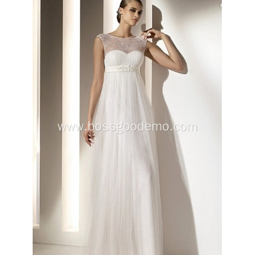 Empire Sheath Column Bateau Neck Floor-length Chiffon Lace Draped Wedding Dress1